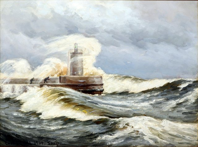 Stormy day at Skagen with waves sweeping over the pier. by Carl Locher