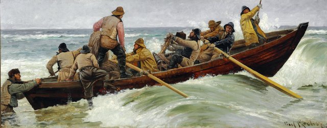 The rescue boat goes out. The rescuers are boarding, the last one is still in the water by Carl Locher