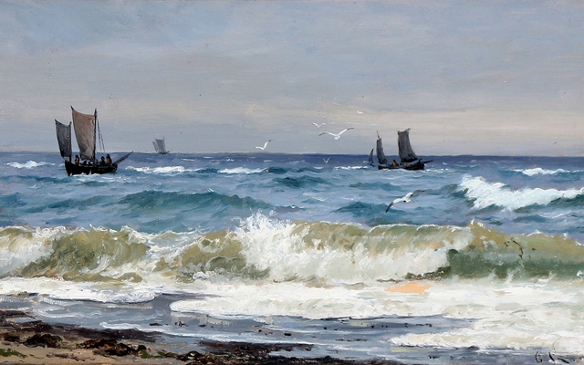 Seascape with sailboats off the coast. by Carl Locher