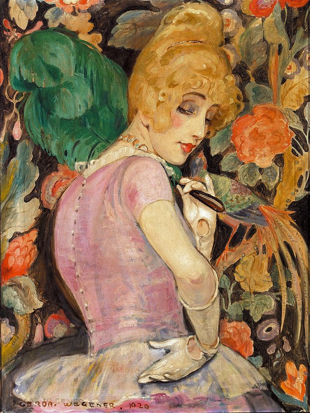 Portrait of Lili Elbe with a green feather fan by Gerda Wegener