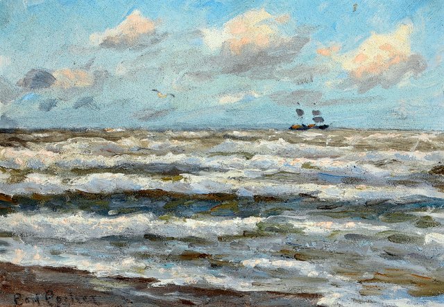 Carl Locher, Kystparti med brækkende bølger og to-master i horisonten for rebede sejl by Carl Locher