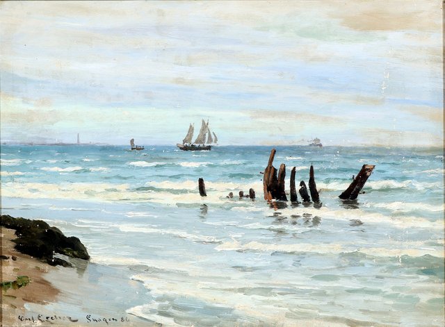 Coastal scenery from Skagen Sønderstrand with shipwreck in the water. by Carl Locher