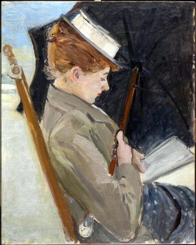 Alice Helleu lisant sur la plage de Deauville by Paul César Helleu