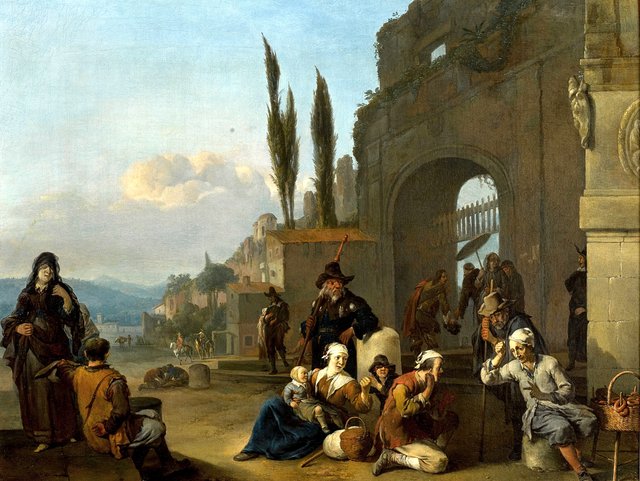 A street scene by a Roman city gate by Johannes Lingelbach