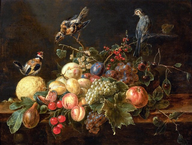 Still life of grapes, peaches, cherries, plums, figs, red and white currants, a lemon and other fruit on a table with three birds by Adriaen van Utrecht