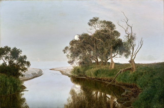 Landscape with a stream flowing into the sea. by Janus la Cour