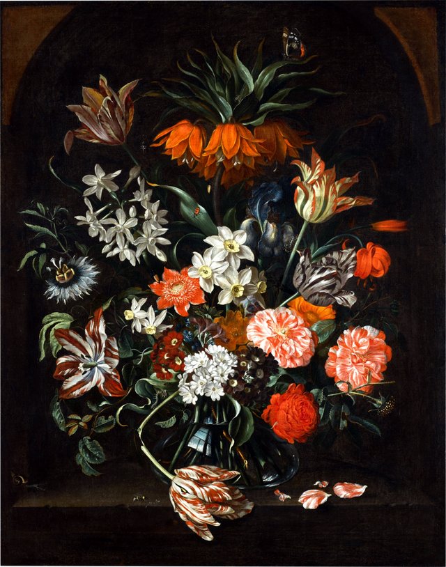 Still life of tulips, narcissus, primroses, roses, a crown imperial, an iris and other flowers in a glass vase with a butterfly, a caterpillar, a snail, a wasp and other insects on a stone ledge in a niche by Jacob Marrel
