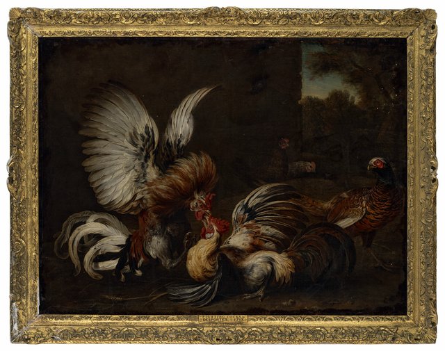 Duel de coqs dans une basse-cour, avec un faisan et deux poules by Alexandre-François Desportes