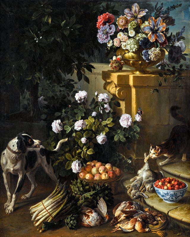 Nature morte au gibier dans un jardin avec chien et chat by Alexandre-François Desportes