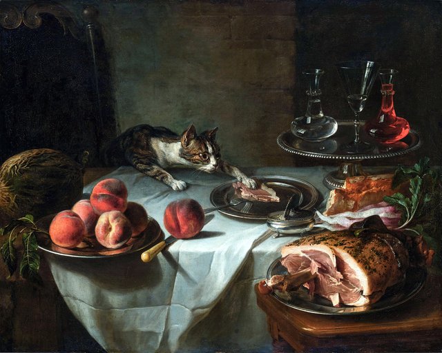 Nature morte aux restes de repas avec chat étendant la patte by Alexandre-François Desportes