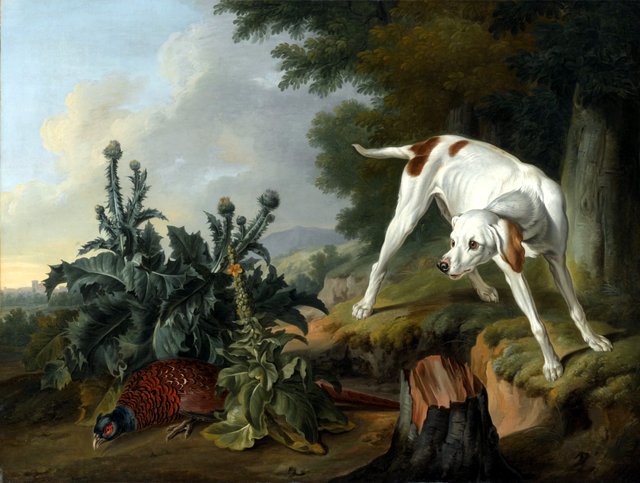 Chien pointer à côté d'un faisan dans un paysage by Alexandre-François Desportes