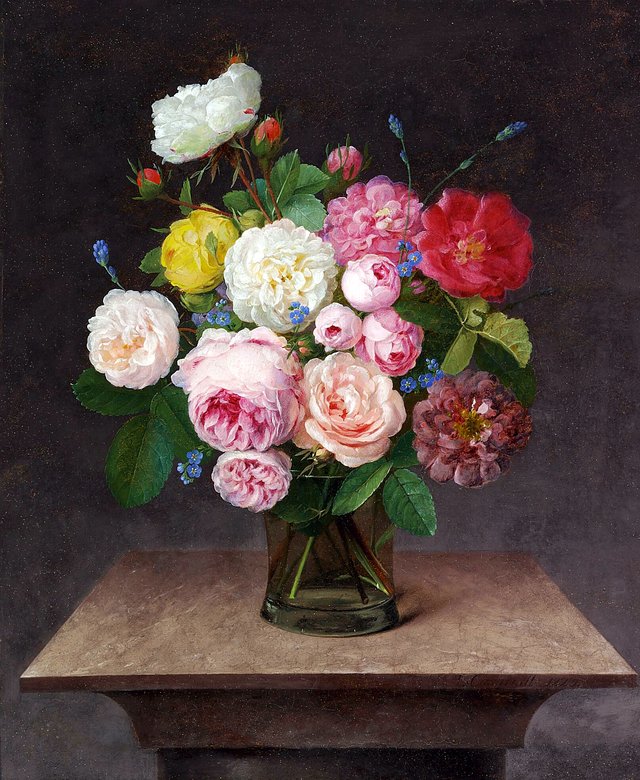Roses and forget me not in a glass vase. by Johannes Ludvig Camradt