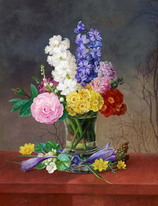 A flower bouquet in a glass vase. by Johannes Ludvig Camradt