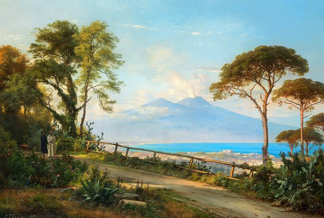 View of the Bay of Naples with a monk and a clergyman strolling on a path above the city. by Carl Frederik Aagaard