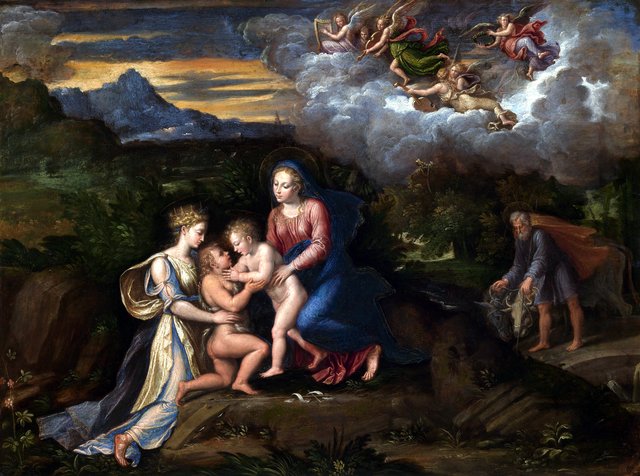 Virgin and Child in a Landscape with the Child Baptist and Saint Catherine of Alexandria by Girolamo da Carpi