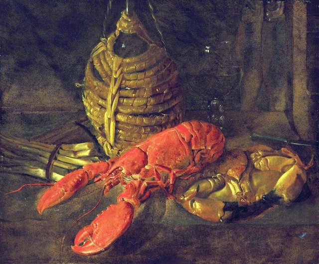 Still Life with a Lobster, Crab, Asparagus and a Fiasco of Wine by Giacomo Ceruti