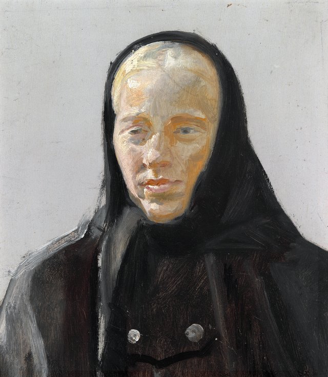 A young woman from Skagen with a black headscarf. by Anna Ancher