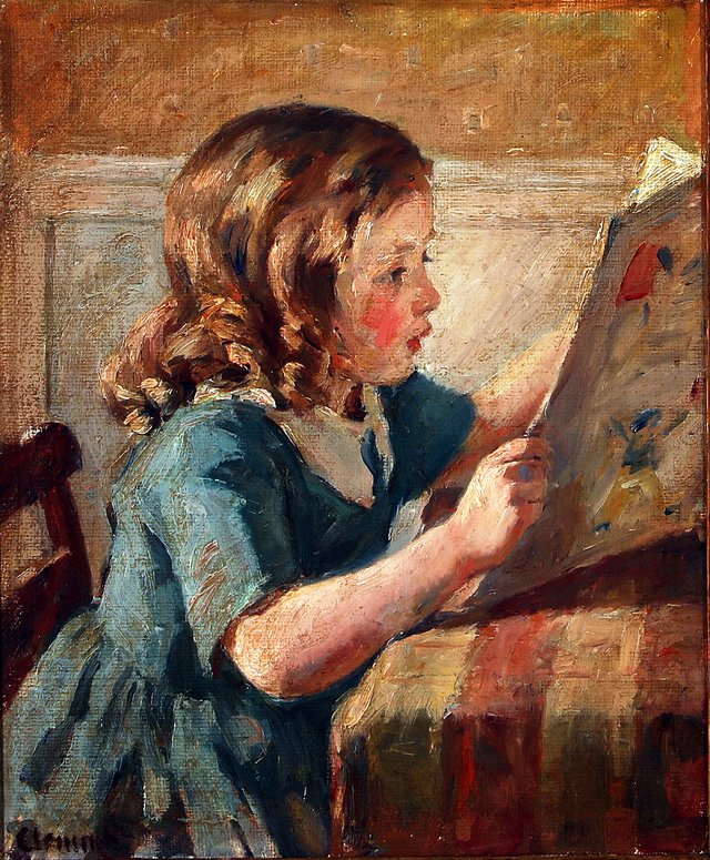 A reading girl in a blue dress. by Gad Frederik Clement