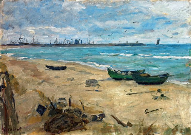 A scene from Vester Strand, in the background Skagen Harbour. by Gad Frederik Clement