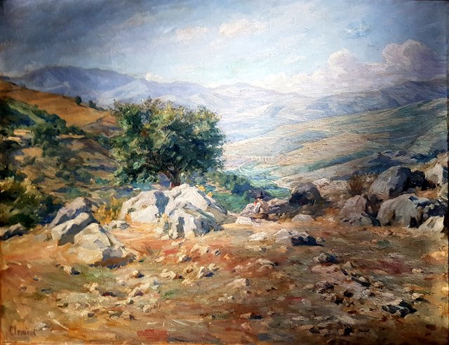 Italian mountain panorama with a shepherd. by Gad Frederik Clement