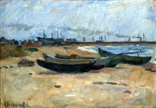 Four boats on a beach. by Gad Frederik Clement