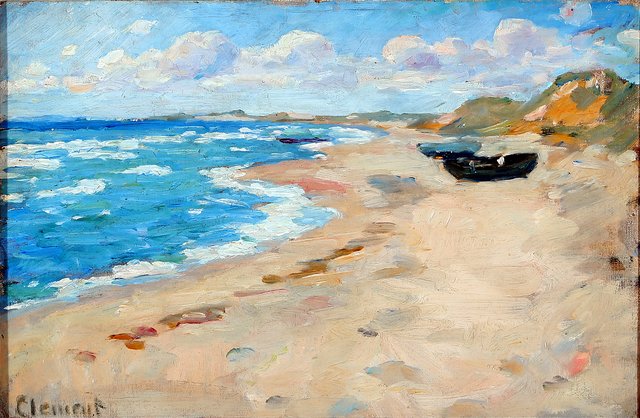 Coastal scape from Skagen with boats on the beach. by Gad Frederik Clement