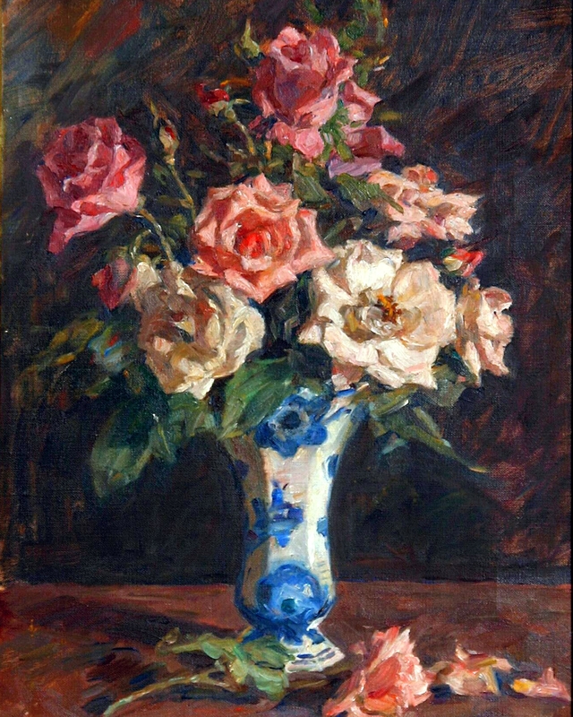 Still life with pink roses in a vase. by Gad Frederik Clement