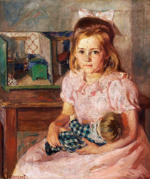 A girl in a pink dress with doll and dollhouse. by Gad Frederik Clement