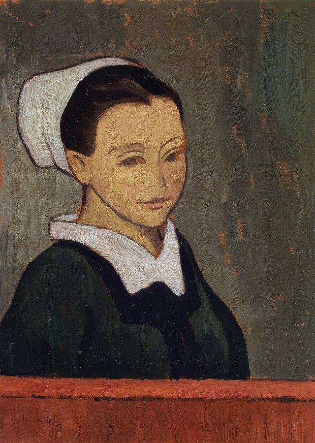"Sister". A young woman from Britanny at a red table. by Gad Frederik Clement
