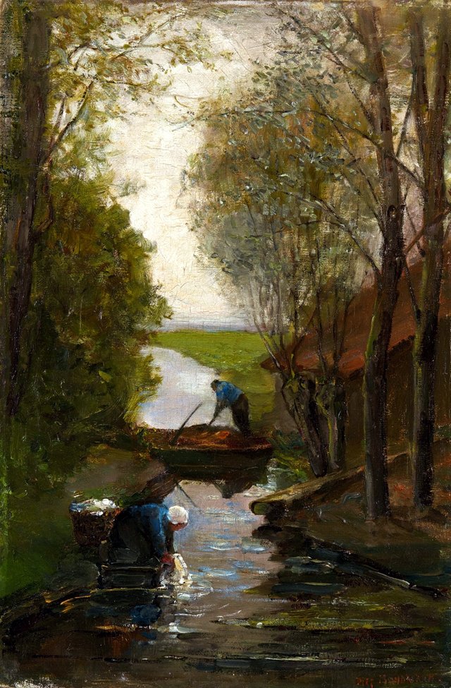 Farm building near irrigation ditch with farmer at work and woman doing the laundry by Piet Mondrian