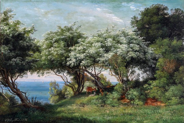 Clearing between trees in Dyrehaven, view of Øresund. by Carl Frederik Aagaard