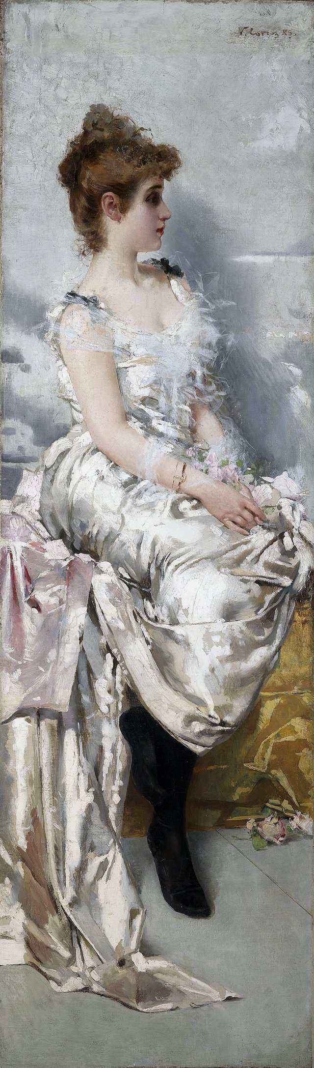 Young lady in white dress with flowers by Vittorio Matteo Corcos