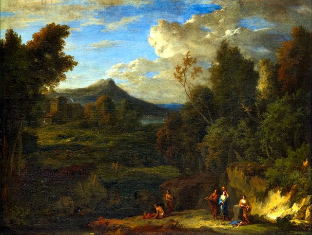 Mountainous landscape with figures by Cornelis Huysmans