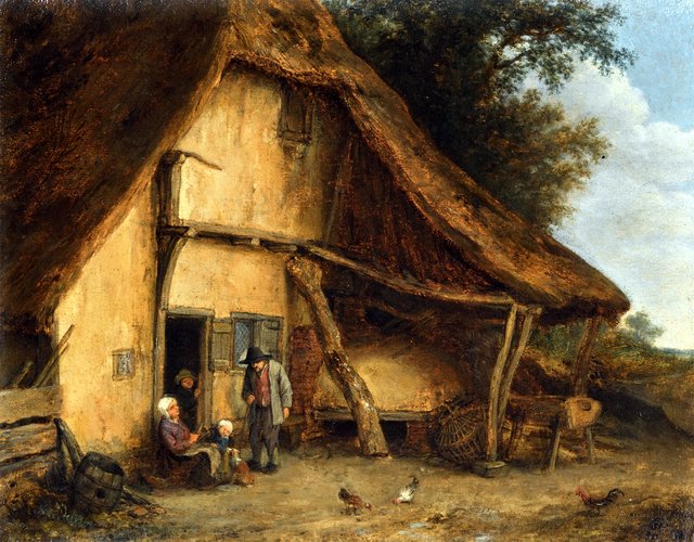 Peasant family outside a cottage by Cornelis Dusart