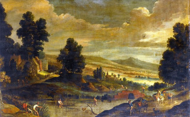 An extensive river landscape with fishermen and their nets in the foreground and travellers on a bridge beyond by Cornelis de Wael
