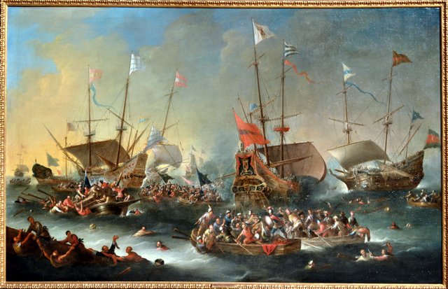 A naval battle between Christians and Turks by Cornelis de Wael