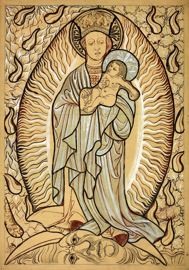 Madonna and Child. Artistic reconstruction of a stained-glass panel from the Dominican church in Kraków by Stanisław Wyspiański