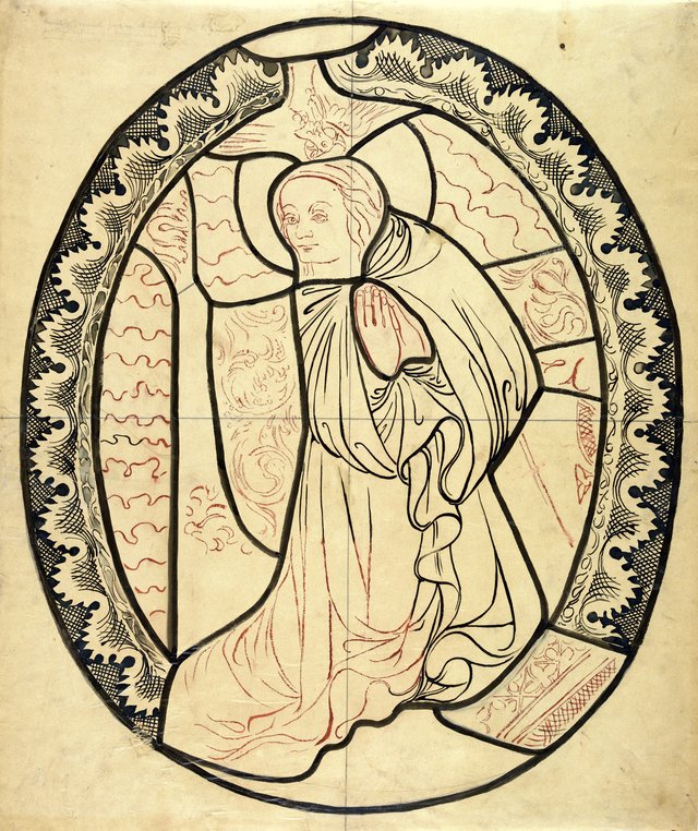 The Blessed Virgin Mary from the scene "Annunciation" (right part). Artistic reconstruction of a stained-glass panel from the Dominican church in Kraków by Stanisław Wyspiański
