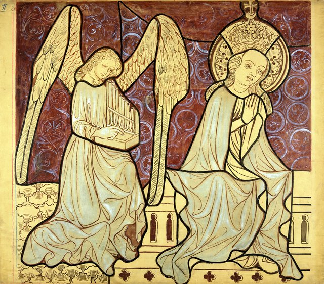 Enthroned Mary with an angel from the scene "Coronation of the Blessed Virgin Mary" (left part). Artistic reconstruction of a stained-glass panel from the Dominican church in Kraków by Stanisław Wyspiański