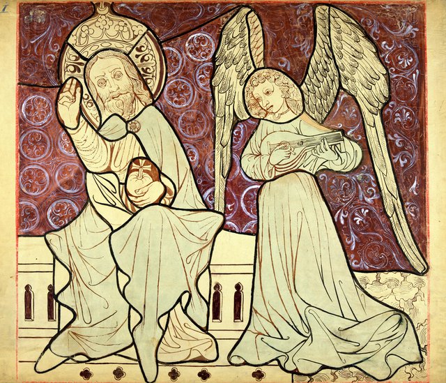 Enthroned Christ with an angel from the scene "Coronation of the Blessed Virgin Mary" (right part). Artistic reconstruction of a stained-glass panel from the Dominican church in Kraków by Stanisław Wyspiański