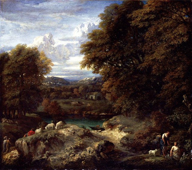 Wooded river landscape with a shepherd resting near his flock by Cornelis Huysmans