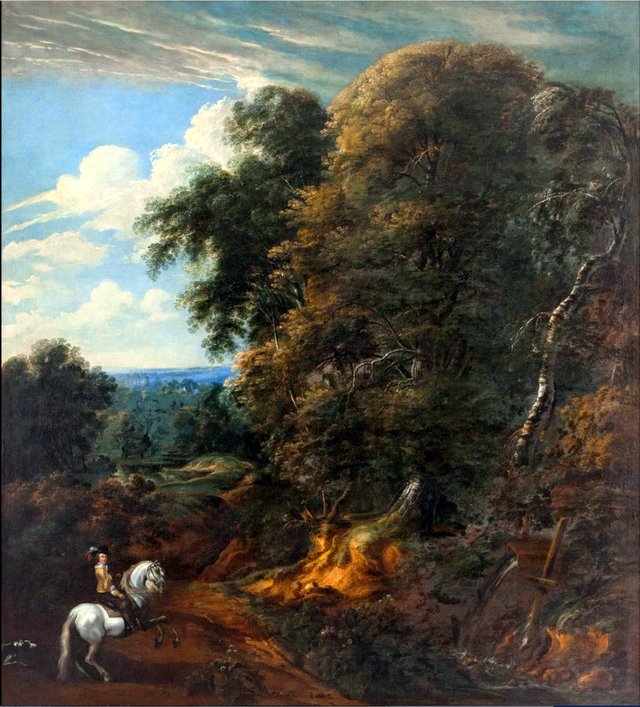 Rider on a horse in a wooded river landscape by Cornelis Huysmans
