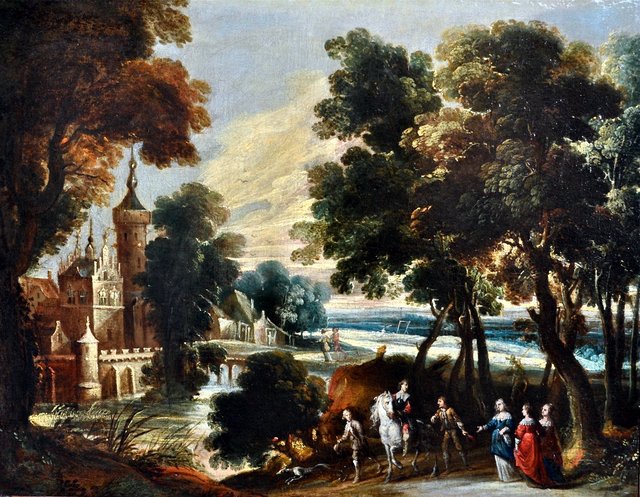 An elegant company outside a small castle by Cornelis de Wael