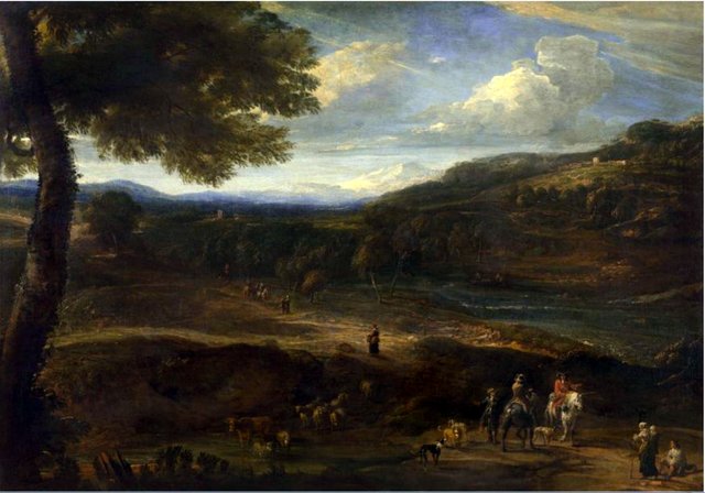 Landscape with horse riders and herds by Cornelis Huysmans