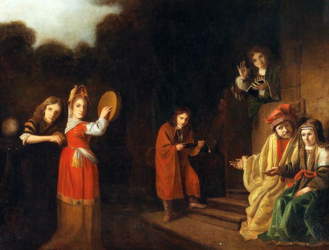 Portrait of a family in an Old-Testament setting by Cornelis Bisschop