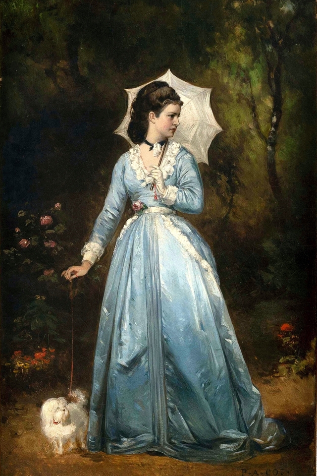 A young woman walking her dog by Pierre Auguste Cot
