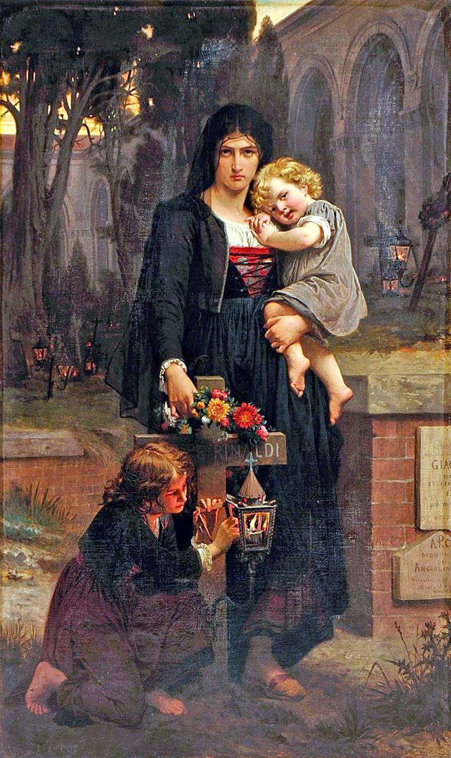 Mother with her two children at the grave of the father by Pierre Auguste Cot