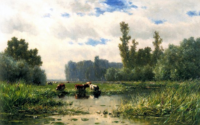 Cows at the waterside by Willem Roelofs