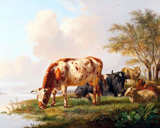 Cows and sheep at the river bank by Pieter Gerardus van Os