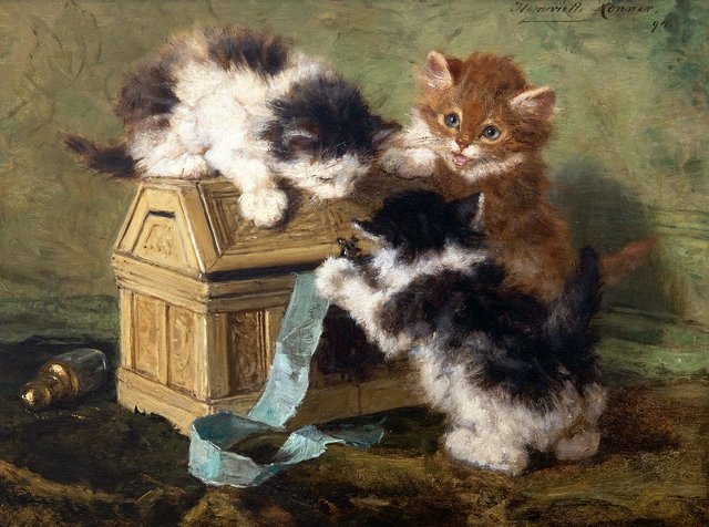 Drie jonge poesjes spelend met een brievenkistje by Henriëtte Ronner-Knip